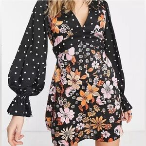 ASOS Design Open Back Mini Dress in Mixed Floral and Spot